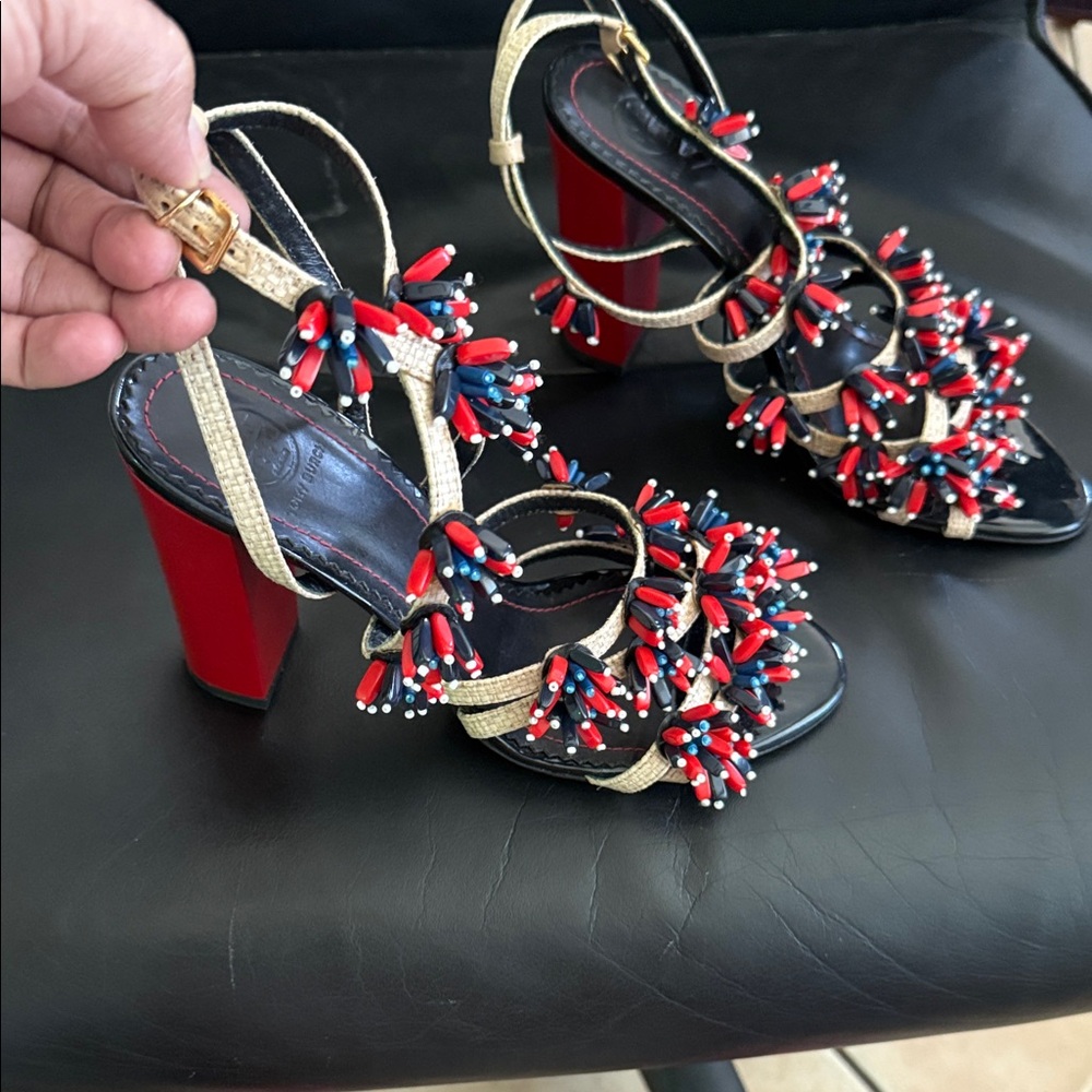 Tory Burch Gold Strap Heels with Red & Navy Bead Embellishments